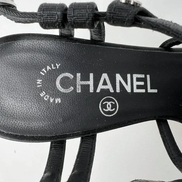 Chanel Pearl Heel Grosgrain Gladiator Sandals Black 37.5 - Picture 6 of 10